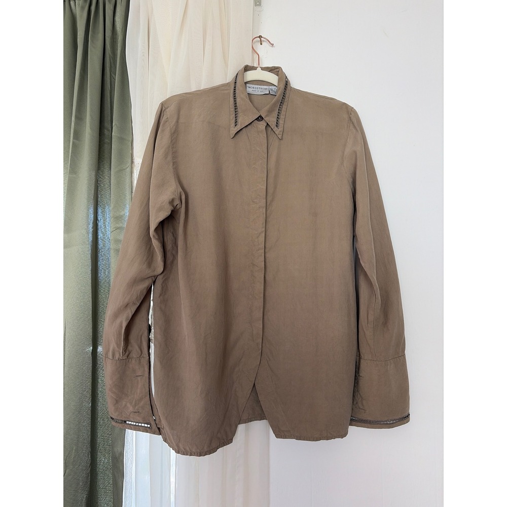 Nordstrom Vintage Point of View Silk Blouse Women XS Taupe Ladder Stitch Cuff
